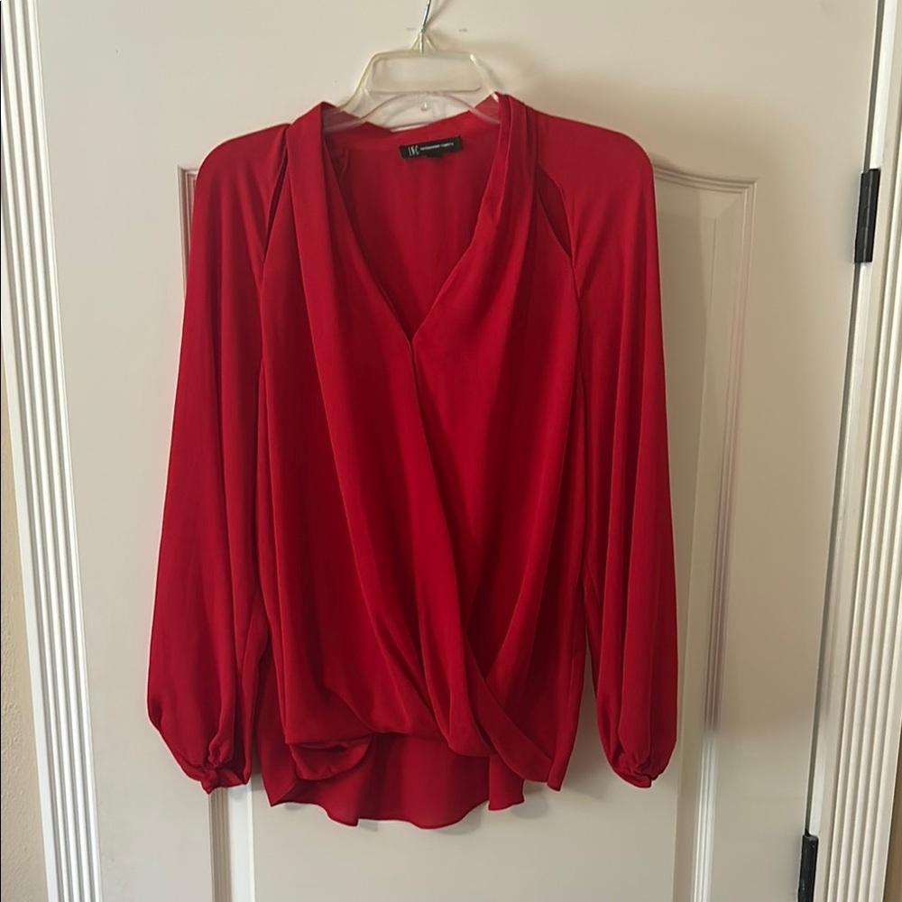 INC International Concepts Red  Fake Wrap Blouse with Long Sleeves